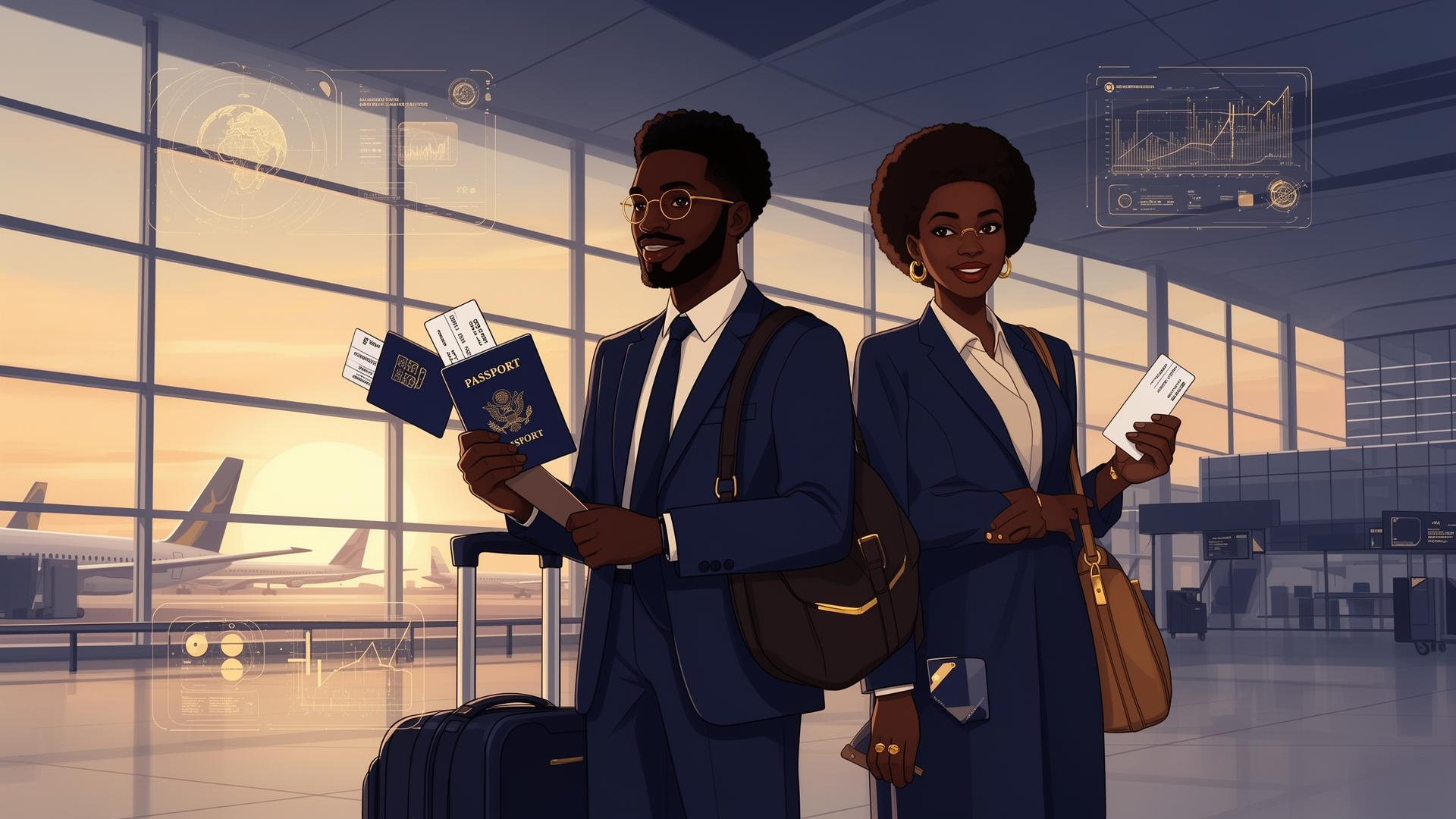 African travelers with passports at an airport using BorderPass Africa